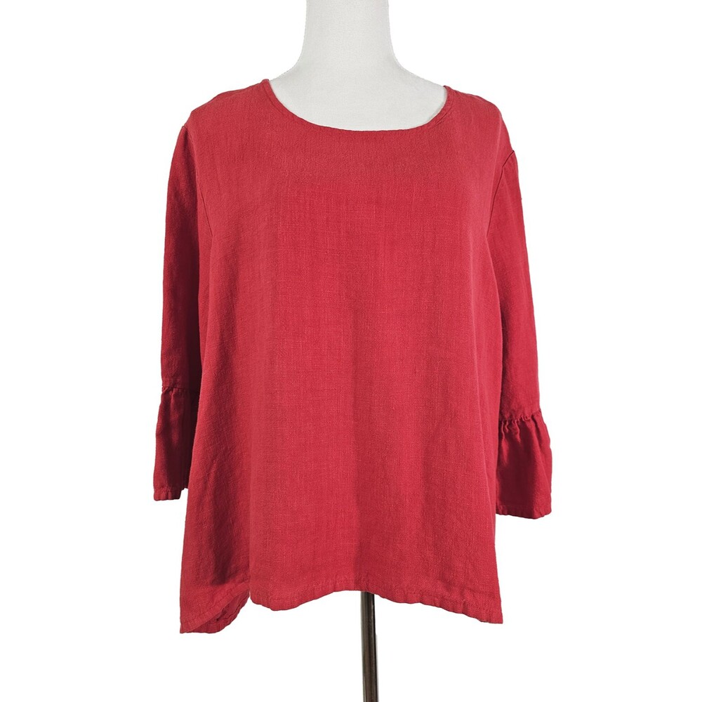 Bryn Walker XL Fran Linen Bell Sleeves High Low Red Lagenlook Tunic Top